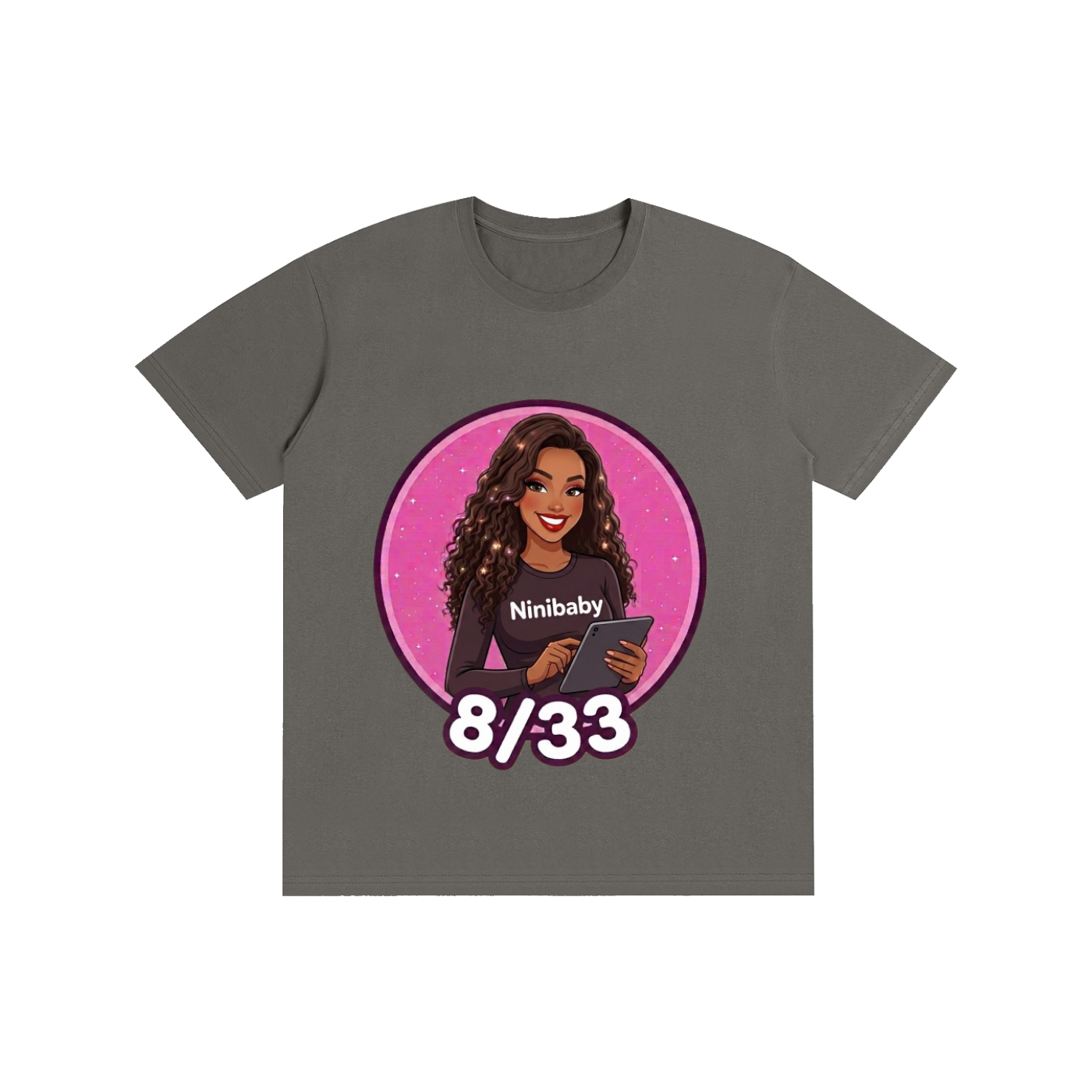 A dark gray crewneck t-shirt featuring a circular graphic print of a cartoon woman with the text 'Ninibaby' and '8/33' on a white background.