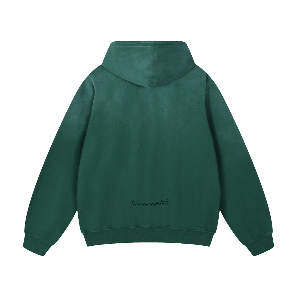 Green hoodie shown from the back on a white background
