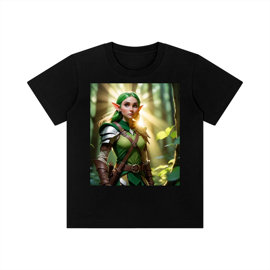 A black short-sleeve crewneck t-shirt featuring a large rectangular graphic print of a fantasy elf female character in green and brown armor standing in a sunlit forest.