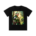 A black short-sleeve crewneck t-shirt featuring a large rectangular graphic print of a fantasy elf female character in green and brown armor standing in a sunlit forest.
