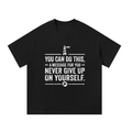 Black t-shirt with white text and graphic on a white background