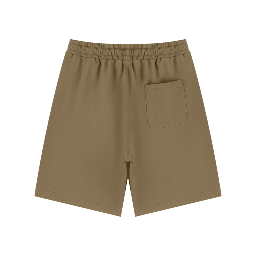 A pair of solid brown athletic shorts with an elastic waistband and a side pocket, shown from the back on a white background.