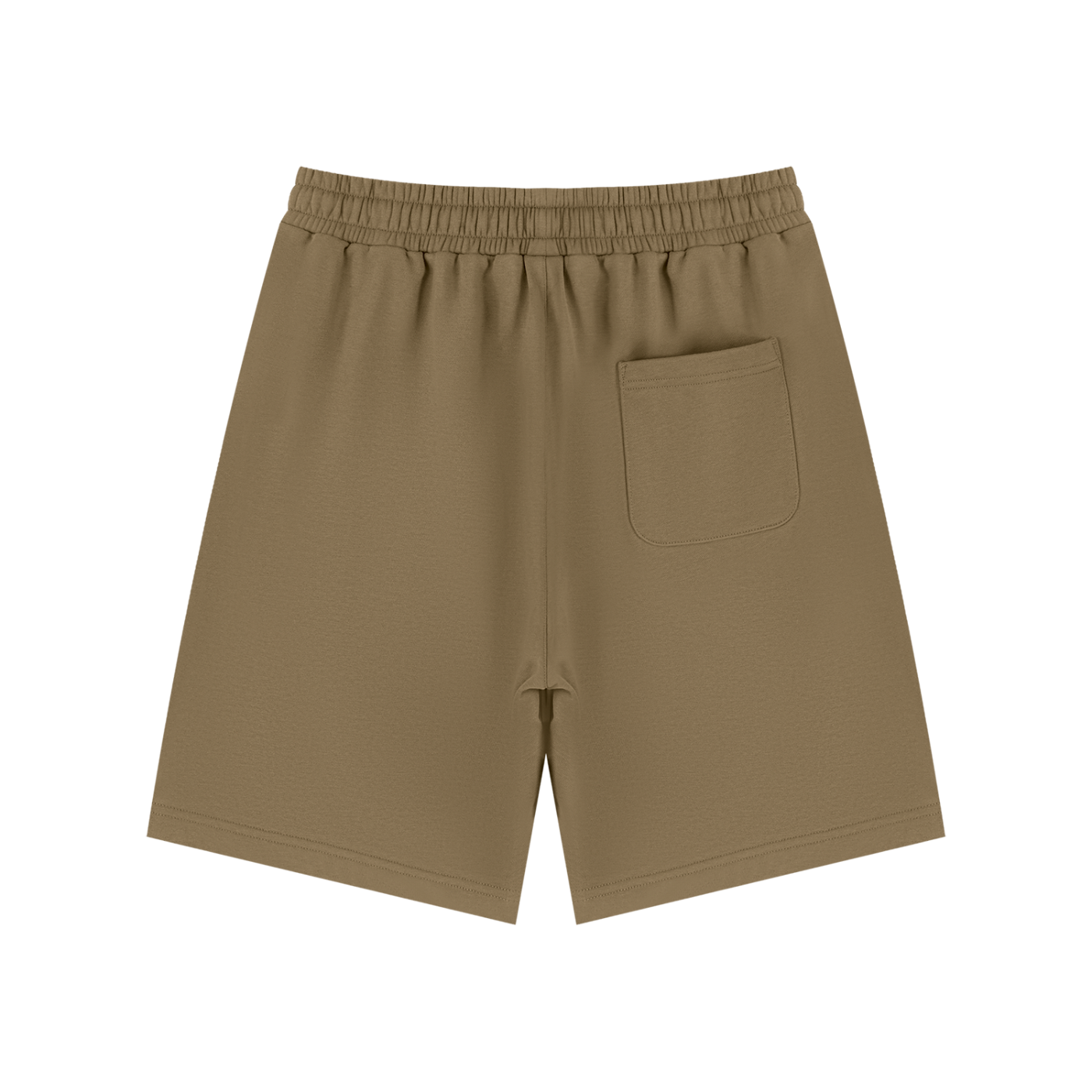 A pair of solid brown athletic shorts with an elastic waistband and a side pocket, shown from the back on a white background.