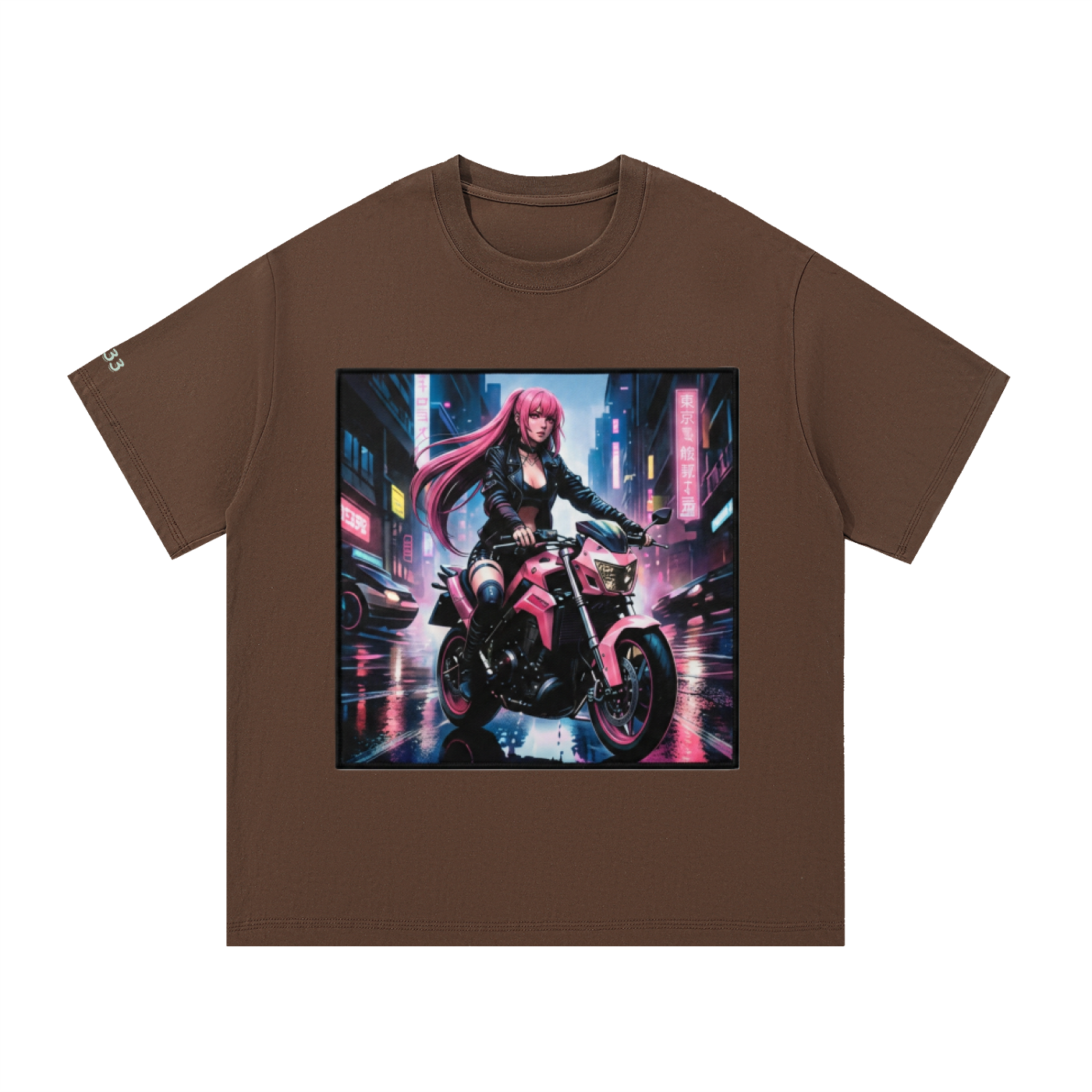 A brown short-sleeve crewneck t-shirt featuring a large square graphic print on the front. The graphic depicts a futuristic cyberpunk scene with a woman with long pink hair riding a pink motorcycle through a neon-lit city street at night.
