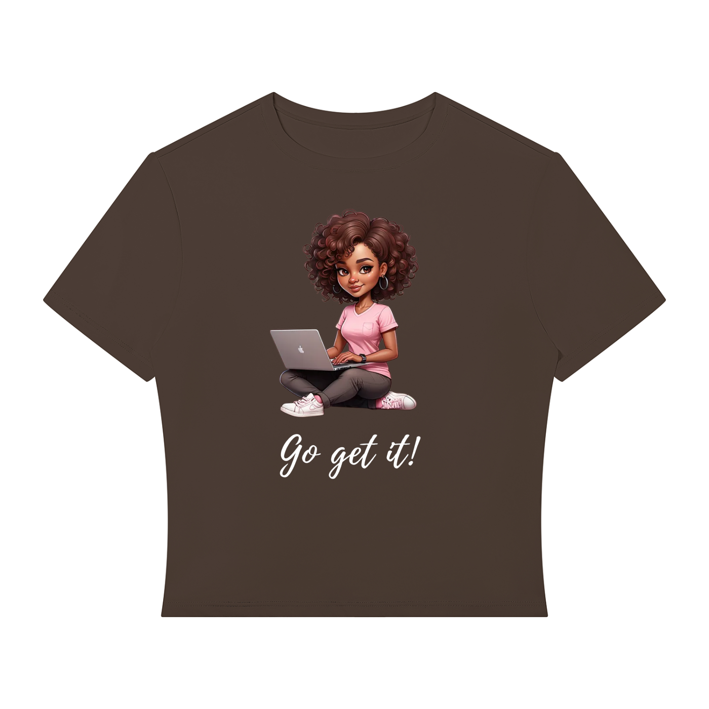 A dark brown short-sleeve crop top t-shirt featuring a cartoon graphic of a girl with curly brown hair sitting cross-legged and using a laptop, with the text 'Go get it!' printed below in white script.
