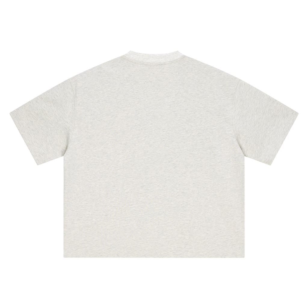 A light heather gray short-sleeve t-shirt shown from the back, laid flat against a solid white background.