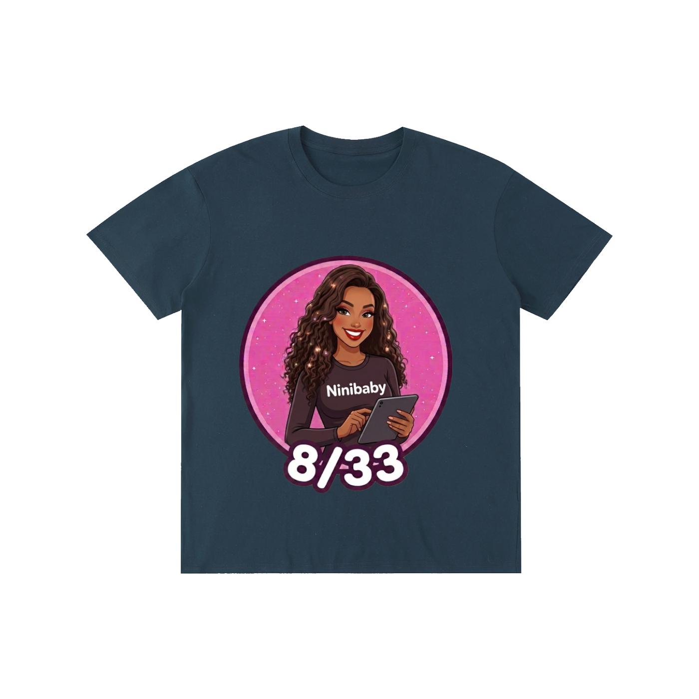 A dark navy blue short-sleeve t-shirt with a circular graphic print on the front. The graphic features a cartoon illustration of a woman with long curly hair inside a pink circle, wearing a black long-sleeve shirt with the text 'Ninibaby' and holding a tablet.
