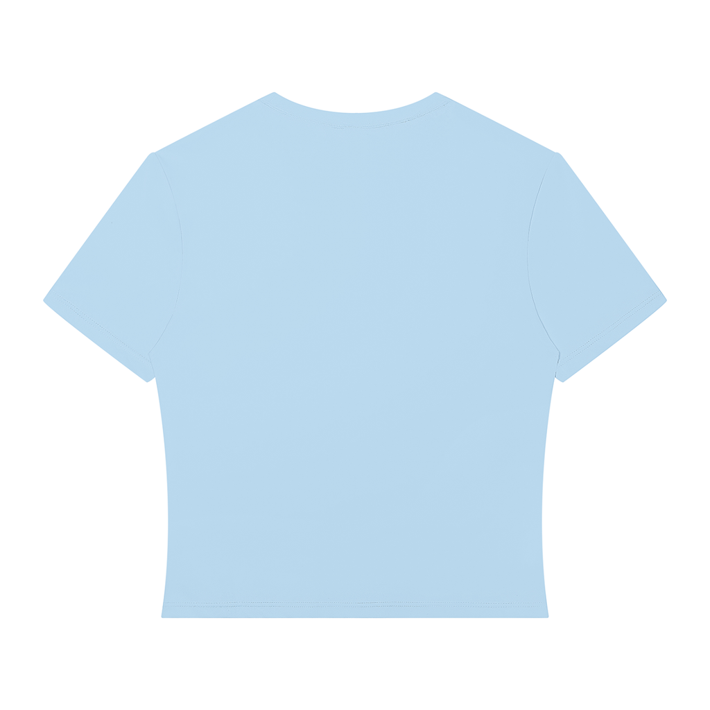 A light blue short-sleeve crop top t-shirt shown from the back, isolated on a solid white background.