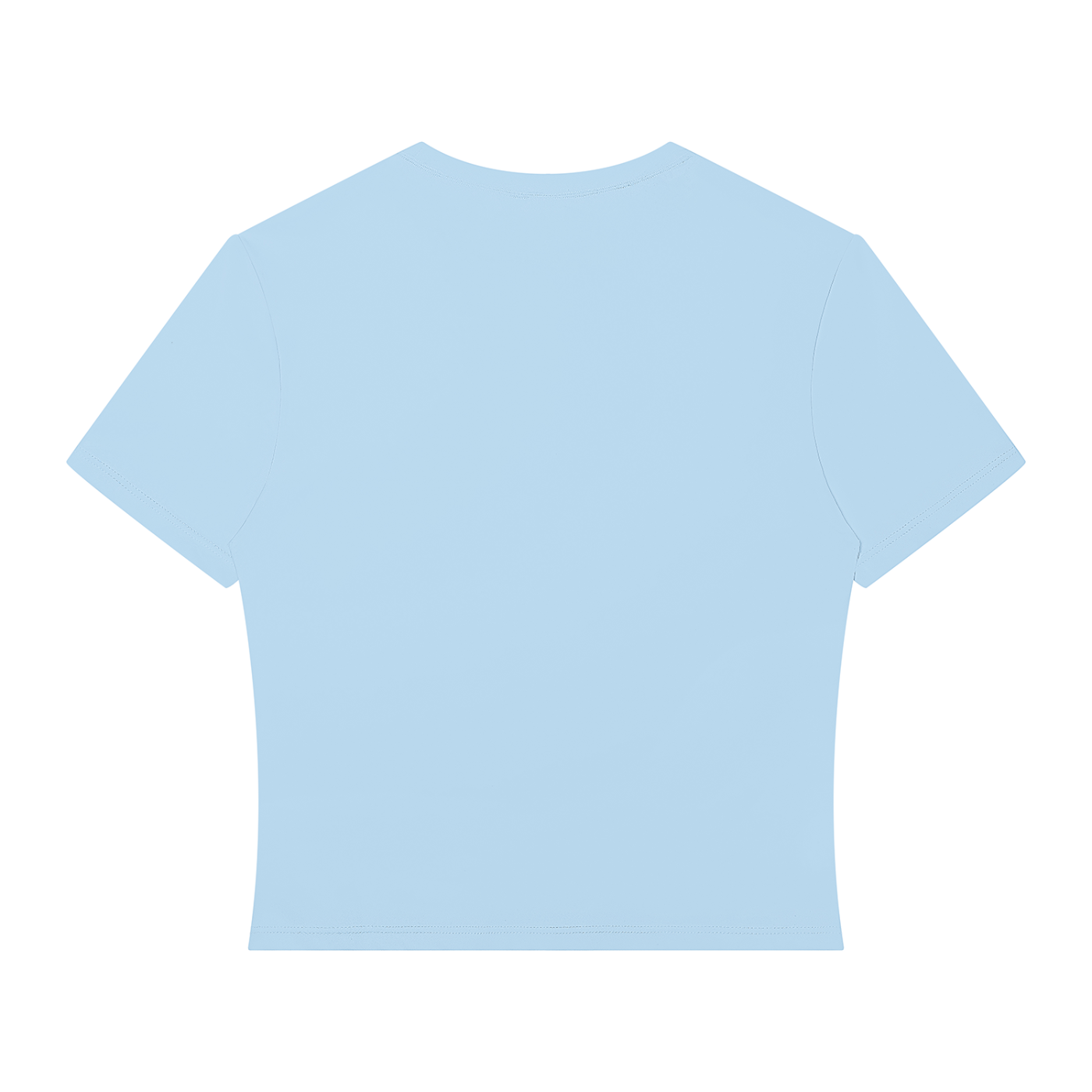 A light blue short-sleeve crop top t-shirt shown from the back, isolated on a solid white background.