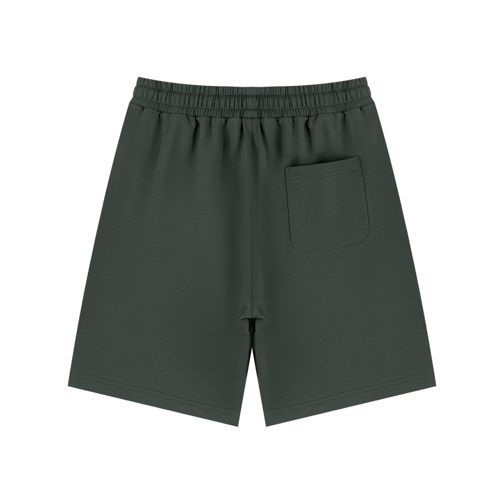 Dark green athletic shorts with an elastic waistband and a side pocket, shown from the back on a white background.