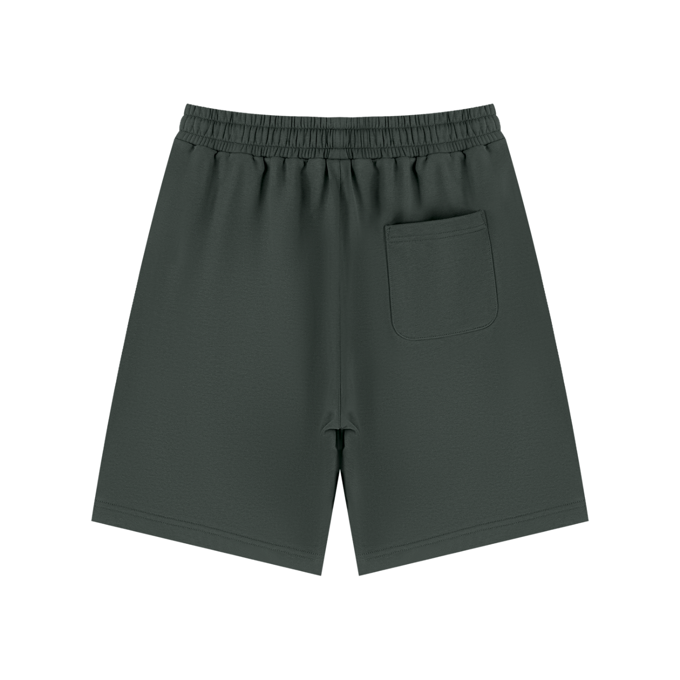Dark green athletic shorts with an elastic waistband and a side pocket, shown from the back on a white background.