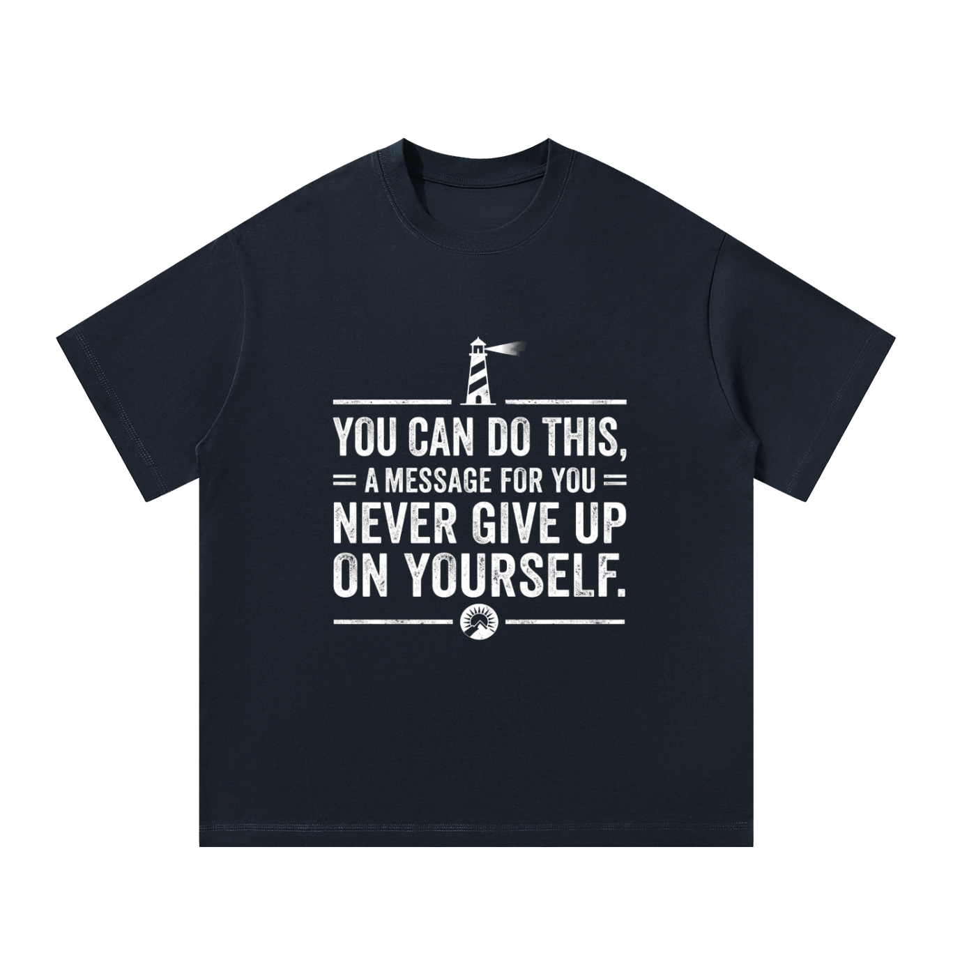Black t-shirt with white text and graphic on a white background