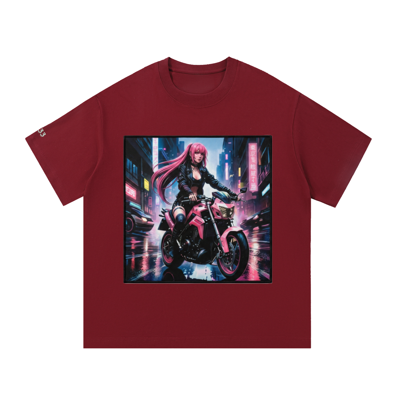 A maroon short-sleeve crewneck t-shirt featuring a large square graphic print on the front of a futuristic anime-style woman with pink hair riding a pink motorcycle in a neon-lit city at night.