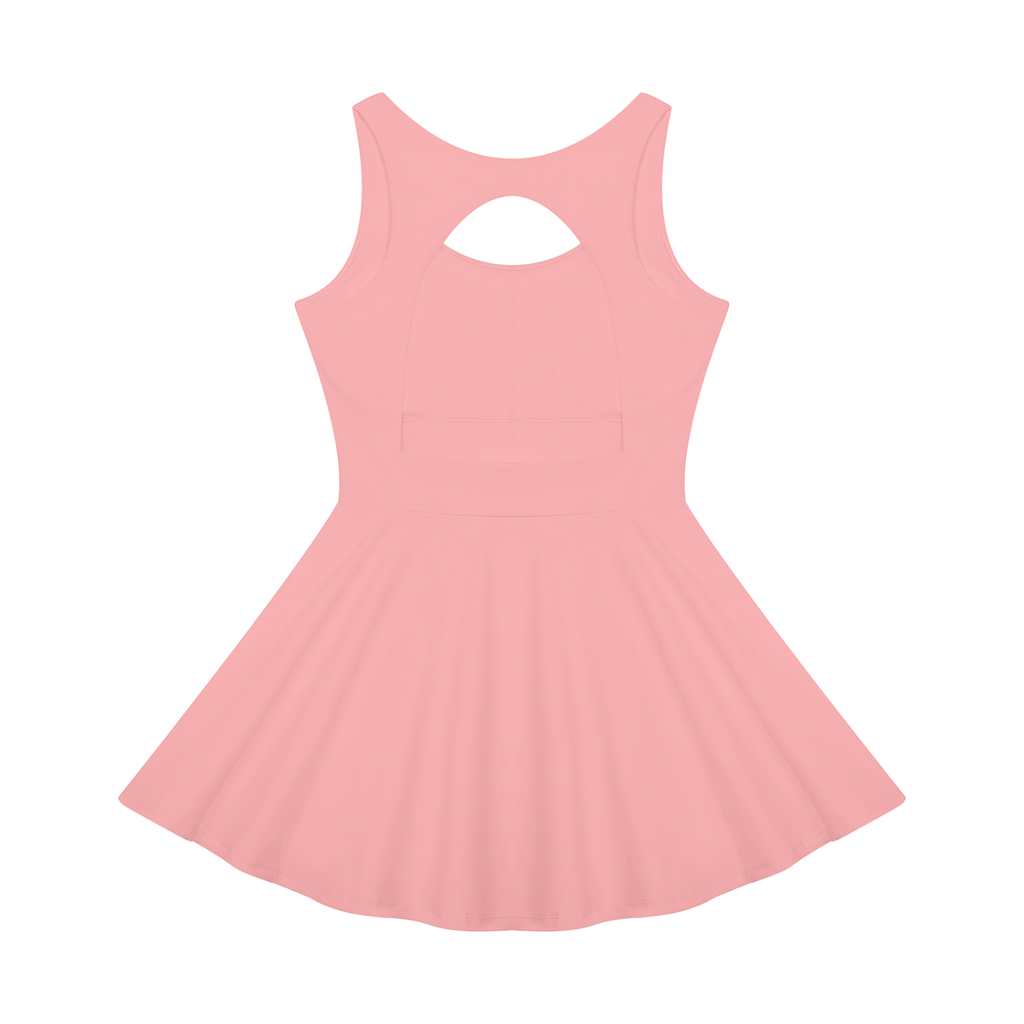 A light pink sleeveless skater dress with a scoop neck and a keyhole cutout at the back, shown against a plain white background.