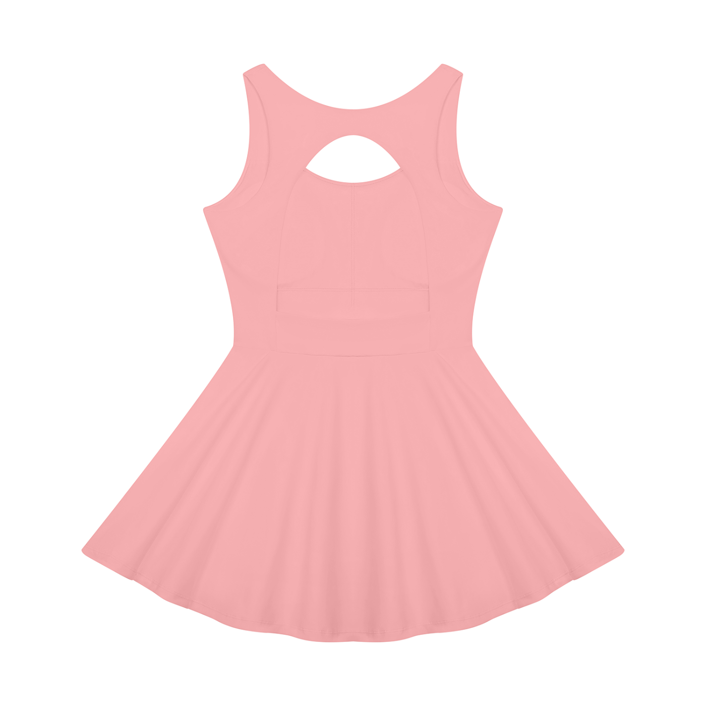 A light pink sleeveless skater dress with a scoop neck and a keyhole cutout at the back, shown against a plain white background.