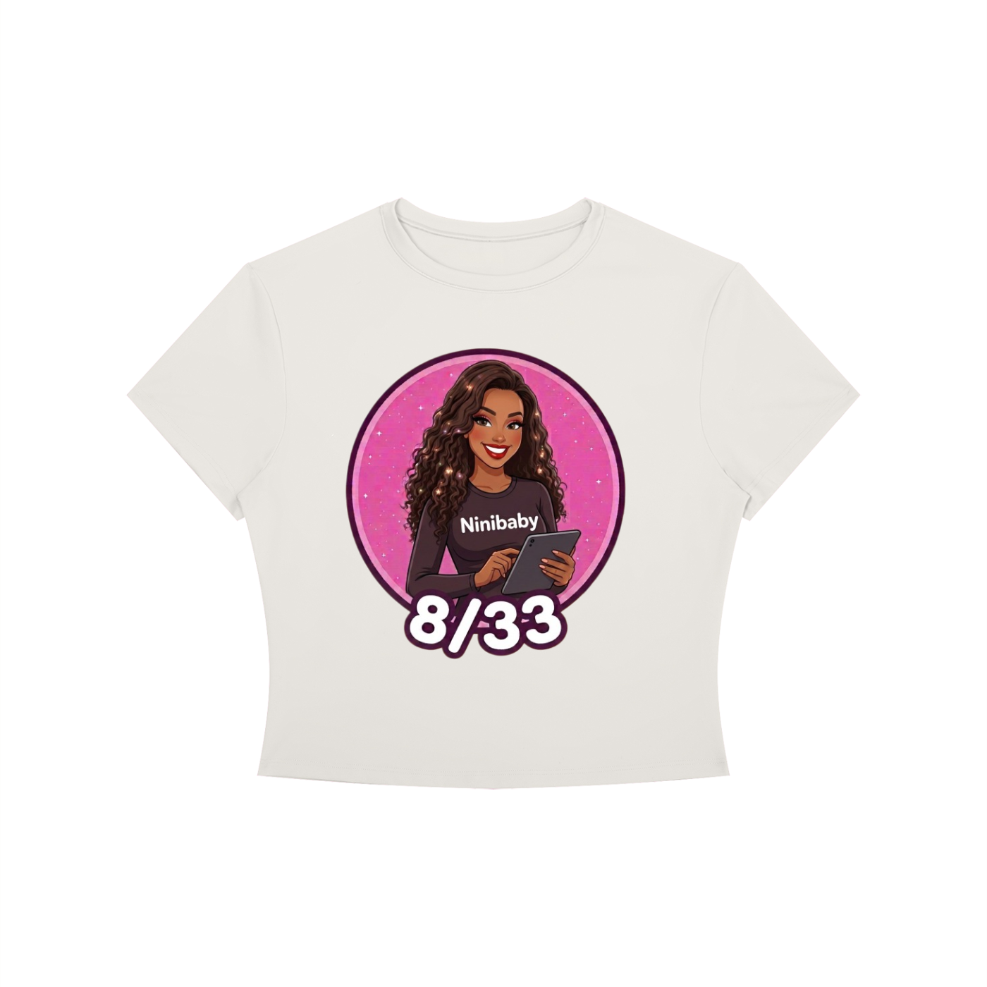 An off-white cropped short-sleeve t-shirt featuring a circular graphic print of a cartoon woman with the text 'Ninibaby' and '8/33' on a solid white background.