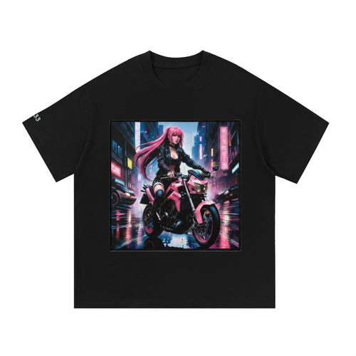 A black short-sleeve crewneck t-shirt featuring a large square graphic print on the front. The graphic depicts a futuristic cyberpunk scene with a woman with long pink hair riding a pink motorcycle through a neon-lit city street at night.