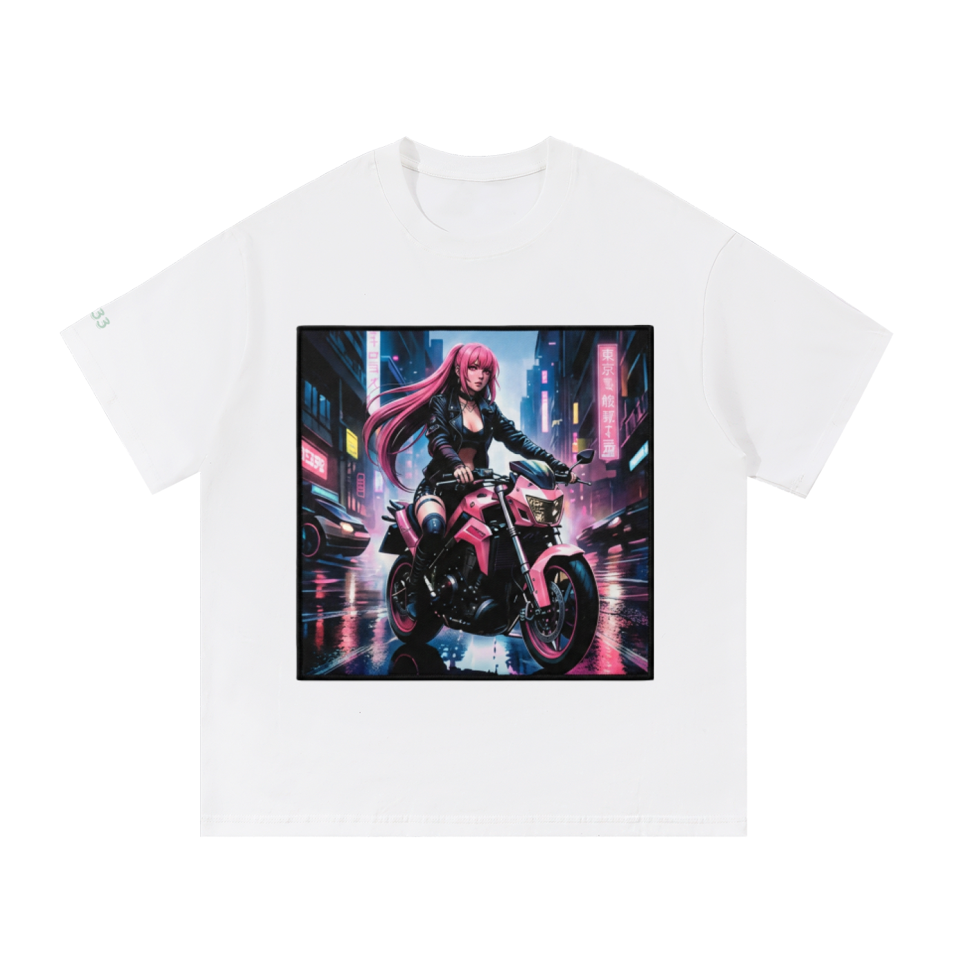 A white short-sleeve crewneck t-shirt featuring a large square graphic print on the front. The graphic depicts an anime-style illustration of a woman with long pink hair riding a pink and black motorcycle in a neon-lit cyberpunk city at night.