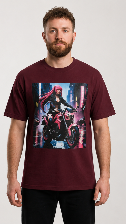 A man modeling a maroon short-sleeve t-shirt, shown from both the front and back. The front features a large graphic print of an anime-style woman on a red motorcycle.